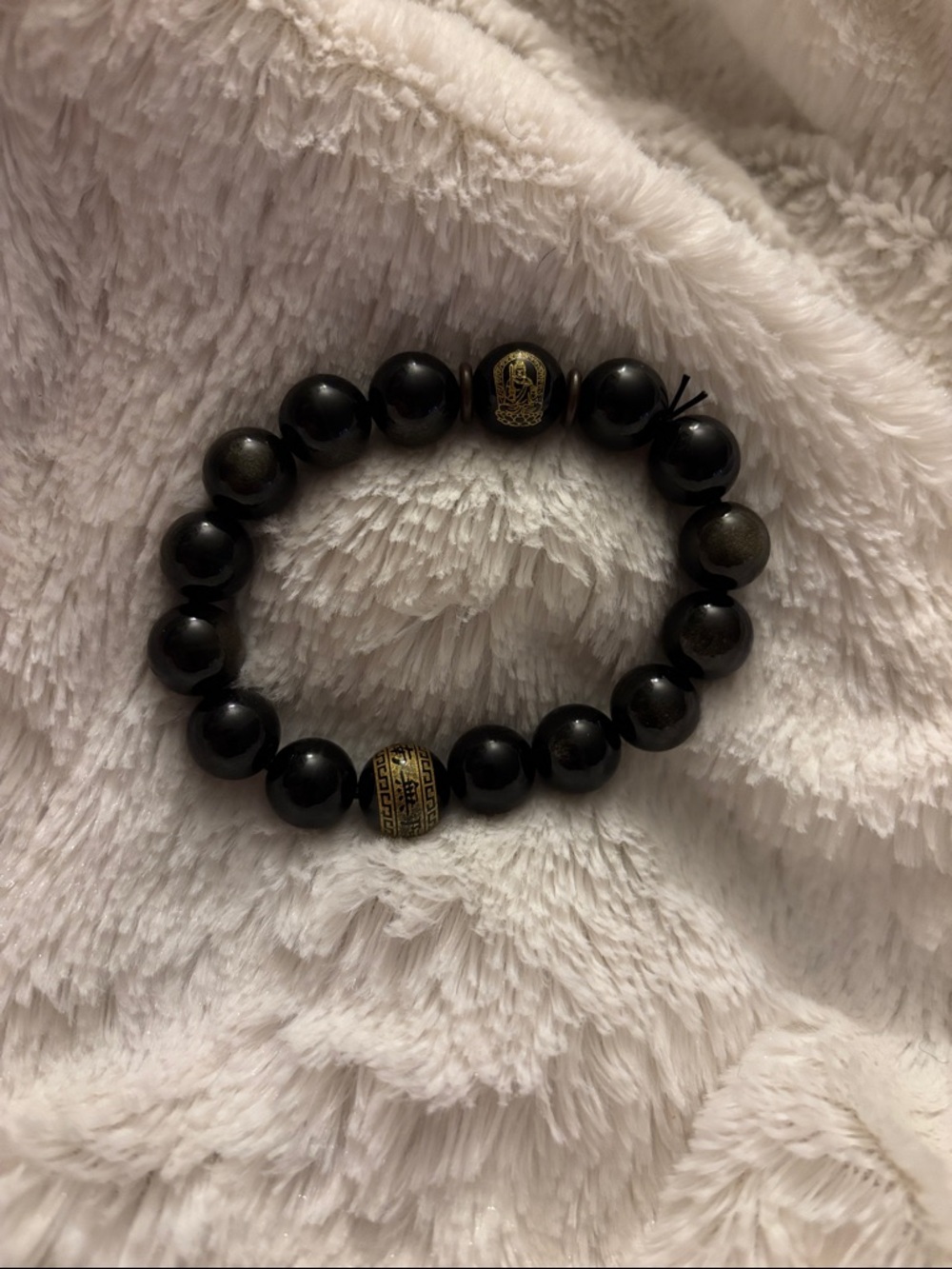 Brown Obsidian Beaded Stretch Bracelet with Decorative Gold Accent Beads